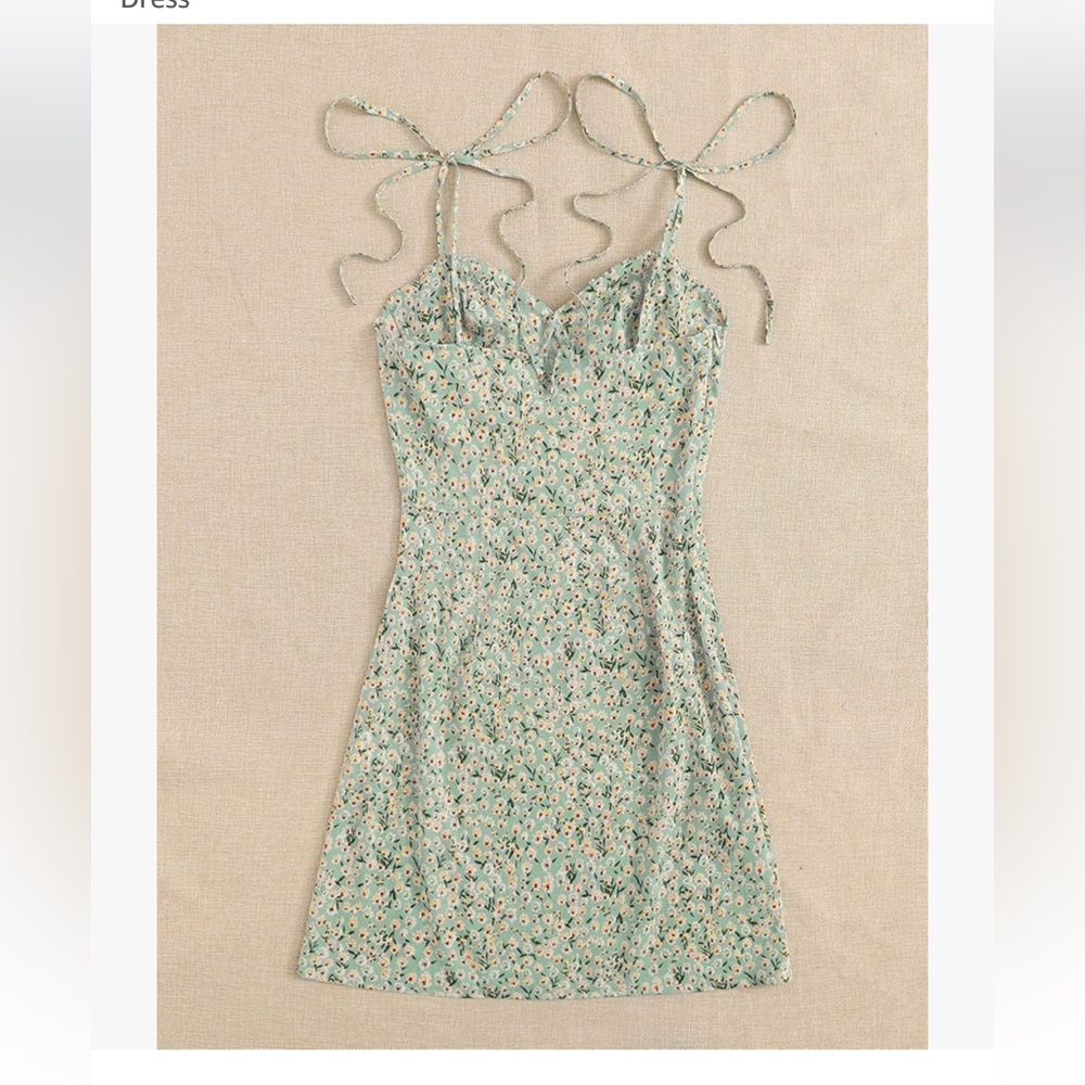Floral Ditsy Tie Shoulder Milk Maid Green Summer Dress